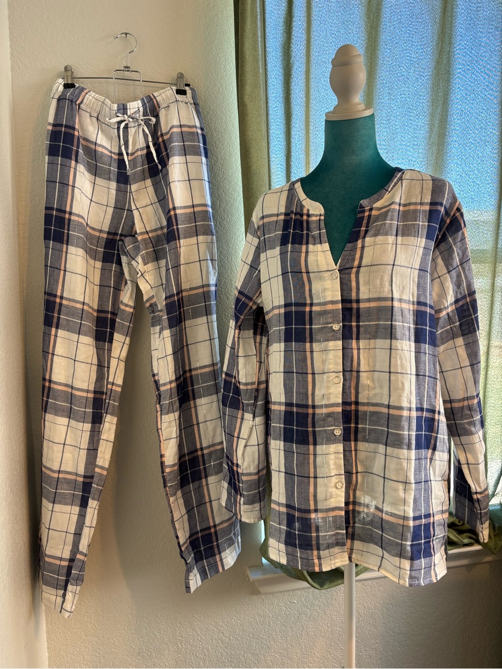 Cottagecore Plaid Liz Claiborne PJ Set Cream Blue Cotton PJs size L